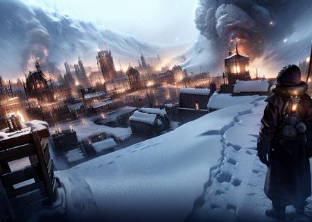 snow-covered city, ruins, fire, winter, cold, fear  <lora:frostpunk:0.8>, frostpunk