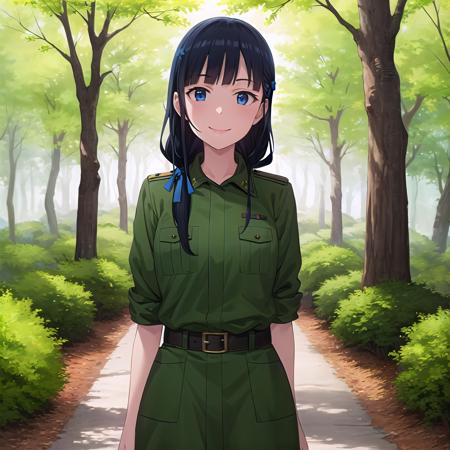 best quality, (masterpiece:1.2), highly detailed, forest,
1girl, solo, <lora:chara_GATEJietai_KurokawaMari_v1:0.7>, kurokawa mari, 
standing, smile, looking at viewer, 
blue eyes, blackhair, long hair, ribbon, military uniform