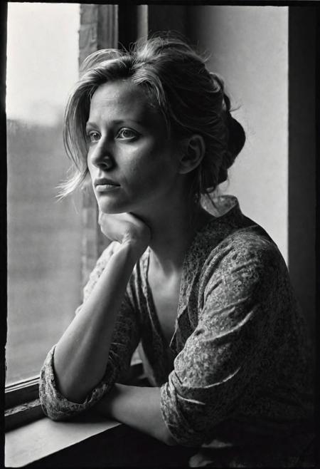German woman 30 years old sitting in front of a window, low light, medium shot from side, 1990 hairstyle and look, dark mood, ilford hp5 plus 400, medium format camera,shadows,  damaged print, faded, film grain ,vignette, high contrast