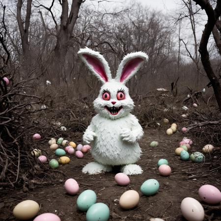 The evil Easter bunny is a grotesque creature its once fluffy white fur now matted and stained with blood, Its eyes gleam with malice reflecting the twisted joy it finds in terrorizing its victims, Its long sharp teeth protrude from its snarling mouth ready to tear into flesh, It dwells in an abandoned dilapidated Easter theme park where once cheerful rides now creak eerily in the wind, overrun with overgrown vegetation casting sinister shadows over faded pastel-colored eggs and cracked weather-beaten decorations, The air is thick with the scent of decay mixing with the sickly sweet smell of rotting candy left behind by unsuspecting visitors, Within the decaying confines of the park the evil Easter bunny stalks its prey hiding amongst towering pastel-colored egg sculptures and twisted thorn-covered bushes shaped like Easter baskets, Its lair is a dark labyrinthine warren of tunnels and chambers lined with the bones of those who dared to enter its domain, Despite the once joyful themes of Easter in this twisted reality the holiday is a nightmare with the evil bunny at its center spreading fear and despair with every hop