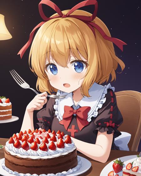 medicine melancholy,1girl, solo, strawberry, open_mouth, hair_ribbon, red_ribbon, puffy_short_sleeves, holding_fork, drooling, frilled_shirt_collar, red_bowtie, whipped_cream, shirt, frilled_sleeves, knife, cake, table
<lora:medicine_melancholy_image1544_2023-12-14-000014:1>,star-shaped_pupils,symbol-shaped_pupils,. gorgeous,key visual, vibrant, studio anime,award-winning, professional, highly detailed,high budget, cinemascope