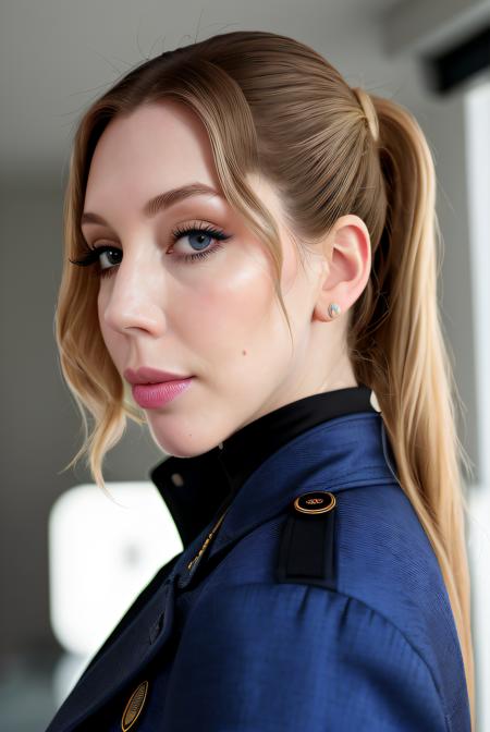 photo of (K4thRy4n01:0.99), a woman, RAW, close portrait photo, trench coat, long high_ponytail, pale skin, slim body, (high detailed skin:1.2), 8k uhd, dslr, soft lighting, high quality, film grain, Fujifilm XT3 sharp focus, f 5.6