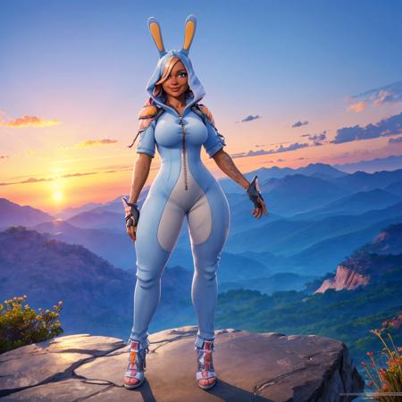 a woman standin on a cliff watching the sunset, (full body), beautiful eyes, beautiful girl, high detail skin, high detail eyes, high detail hair, highres, ultra detailed, Highly detailed,masterpiece, best quality,  <lora:Bunny BrawlerPennyLoRA:1> penny, dressed, bunny, with, ears, smile