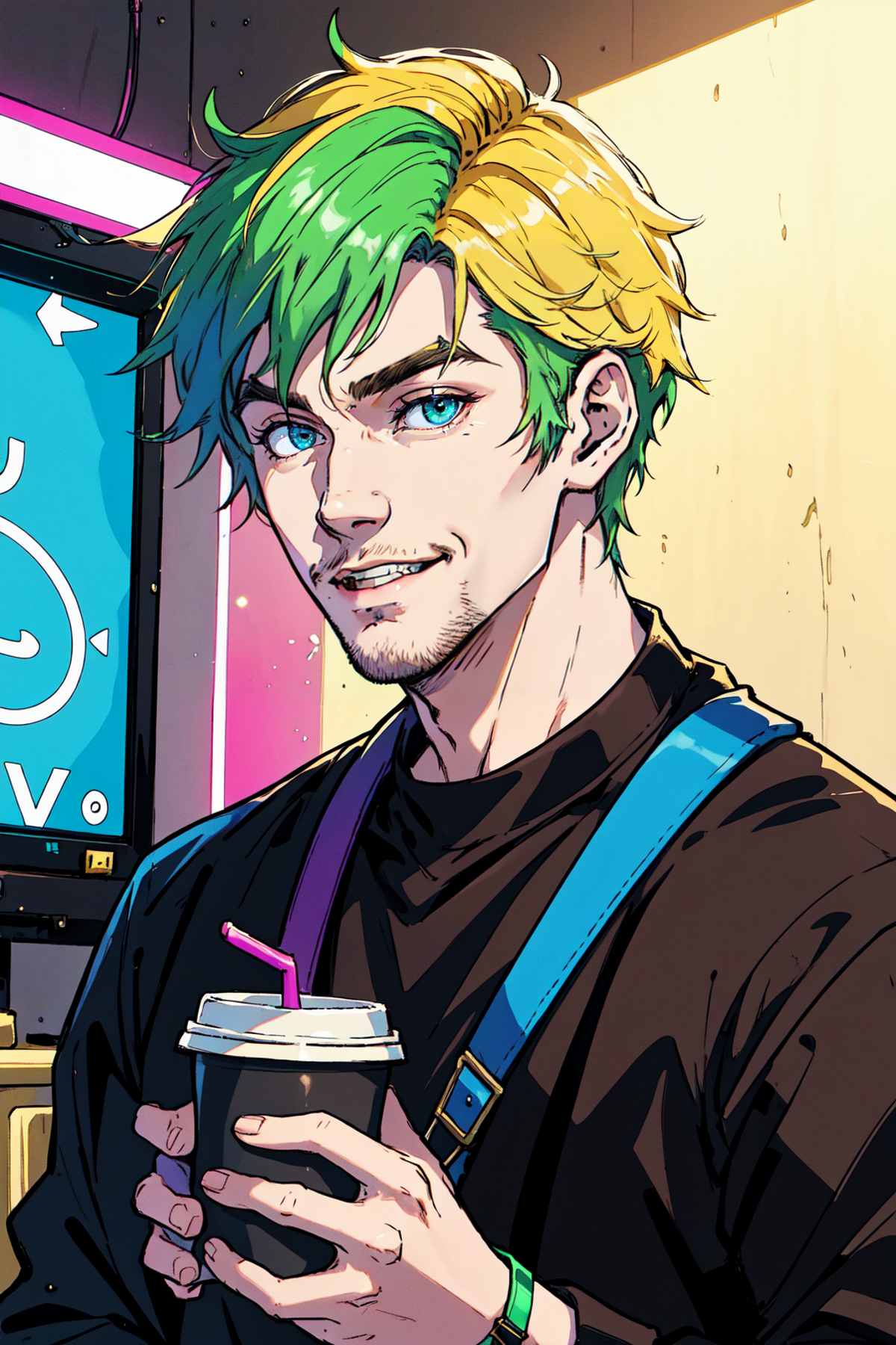 Sean McLoughlin, Jacksepticeye, Irish Youtuber, solo portrait, he's at his home, there's a neon sign behind him, he's stre...