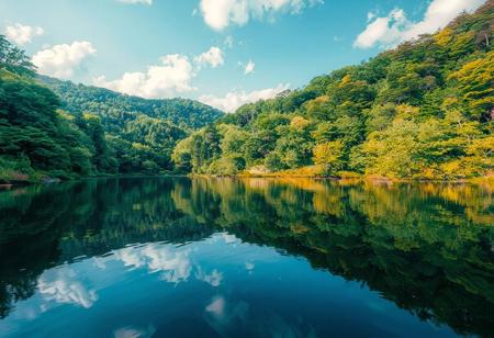 "Create a serene landscape where one-third of the scene is occupied by a calm, reflective water surface. The remaining two-thirds should be filled with a dense, lush forest. The water should mirror the trees and sky, with clear reflections. The forest is vibrant with greenery, and there should be a natural transition between the water and the trees. The sky above is bright, with soft clouds scattered across it. The perspective is from the edge of the water, looking out across the forest and sky, with no waterfall visible."<lora:MoriiMee_Gothic_Niji_Style_FLUX:0.3500000000000001> <lora:AsirAsianPhotographyflux:0.7000000000000002>