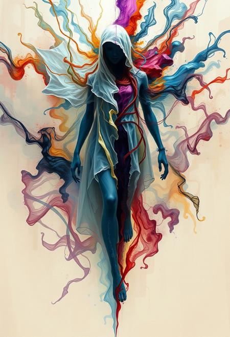 A digital painting depicting an ethereal ghostly figure with fluid dynamics and ink dispersion, vibrant colors, high contrast, intricate details, and a dramatic low-angle perspective showing a distinct split between sections with abstract forms and liquid textures in a modern surreal style.