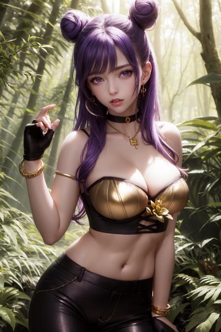 (masterpiece:1.2), (best quality:1.2), 1girl, <lora:KDAKaiSa:1>, KDAKaiSa, ((golden bustier)), ((black pants)), long hair, purple hair, hair bun, double bun, purple eyes, cleavage, midriff, navel, jewelry, fingerless gloves, bracelet, in a forest, trees