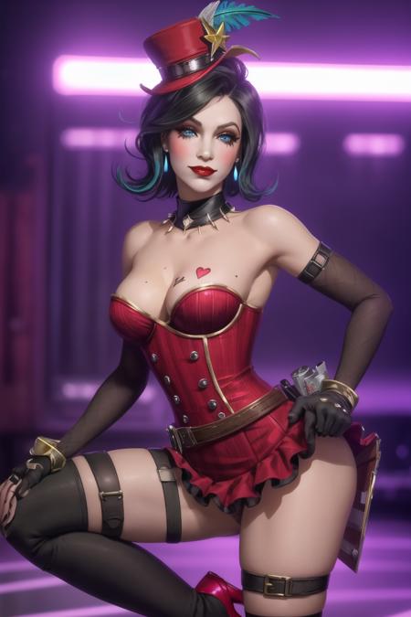 <lora:mad_moxxi:0.8>, mad moxxi, masterpiece, best quality, 1girl, breasts, jewelry, breast tattoo, weapon, makeup, hat, card, tattoo, lipstick, belt, earrings, fingerless gloves, lights, gloves, gun, red lips, top hat, holster, thighhighs, solo, leotard, striped, bare shoulders, large breasts, bracelet, spikes, looking at viewer, blurry, collar, spiked collar, heart, fishnets, mole, cleavage, showgirl skirt, swept bangs, thigh strap, strapless, playing card, heart tattoo, indoors, black hair, neon lights, feathers, handgun, strapless leotard, spiked bracelet, buckle, eyelashes, depth of field, bangs, eyeshadow, smile, thigh holster, lipstick mark, blurry background, detached collar, wavy hair, loose belt, money, nose, web address, blue eyes, short hair, lips, hair ornament, hat feather, parted lips, star \(symbol\), green eyes, signature, high heels, leg tattoo, pouch, corset, mole above mouth, alternate costume, eyeliner, mini hat, black leotard