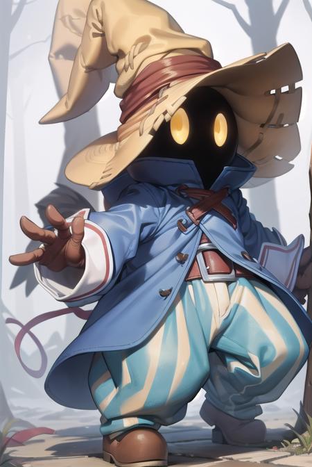 vivi ornitier, baggy pants, belt buckle, blue coat, boots, brown footwear, brown gloves, buckle, coat, gloves, hat, hat belt, high collar, pants, striped, striped pants, wizard hat, (yellow eyes:1.5), yellow headwear,