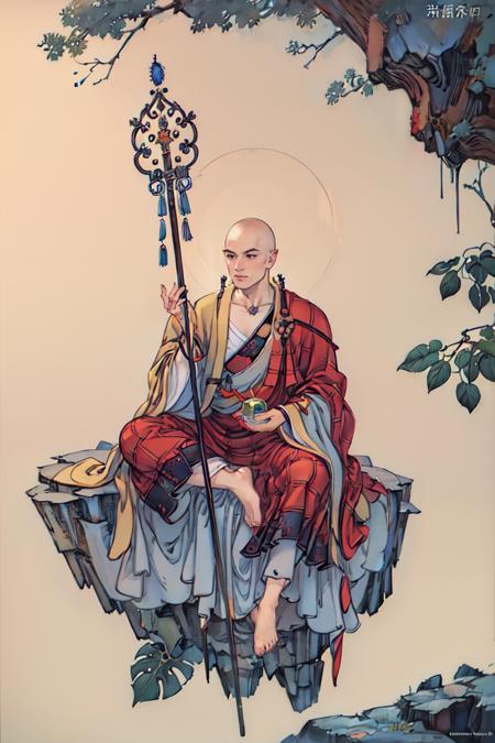 Ksitigarbha Bodhisattva Ksitigarbha Bodhisattva,robe,lotus flower,holding staff,glowing beads in his hand, halo around his neck,crown on top of it