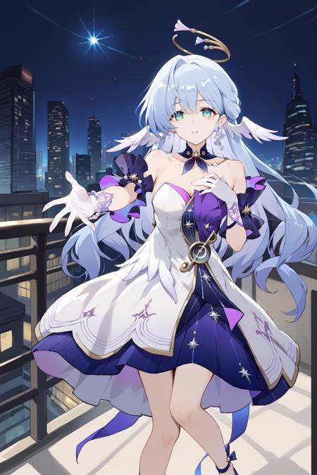 robin \(honkai: star rail\) sleeveless dress, halo, white gloves, earrings, detached sleeves, detached collar, head wings, blue pumps