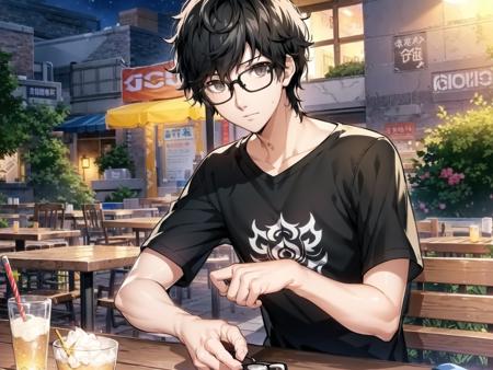 masterpiece, best quality, highres, extremely detailed CG unity 8k wallpaper, illustration of dsjoker, black hair, glasses, black-framed eyewear, grey eyes, (t-shirt:1.1), plaid pants, 1boy, solo, male focus, sitting, outdoor cafe, night, detailed background, (persona 5:0.5)
<lora:dsjoker_e5:0.75>