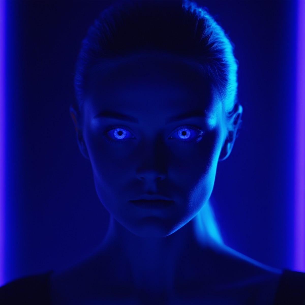 cinematic film still of  <lora:Ultraviolet lighting Style:1>
a woman with a futuristic face and a glowing head Ultraviolet...