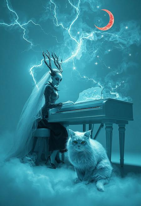 Tim Burton's style
is a ghostly demonic creepy bride made of white smoke playing a white piano
with a huge ghostly ugly shaggy scary cat made of white smoke sitting at her feet  
Gothic
beautiful botanical
lightning
shining red crescent
bioluminescent stars
dynamic pose
random angle
dark fantasy
surrealism
turquoise monochrome
white muted background
Ultra detail,
Double exposure, Abstract, Octane rendering, Shine,lumen, fractal, UHD, Hyperdetail.
Zdzisław Beksinski style