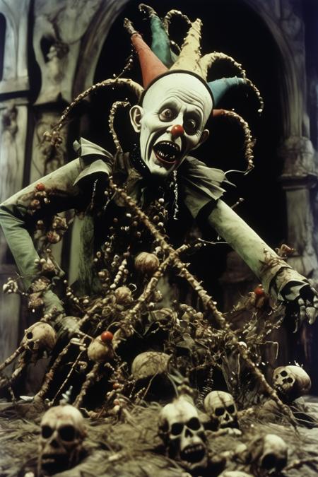 <lora:Jan Svankmajer Style:1>Jan Svankmajer Style - Film still of gothic horror film directed by Jan Svankmajer scattered twisted cactus flood decay bio-mechanical jester