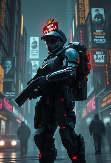 Masterpiece. Science fiction concept art.  A striking image of a futuristic cop in a menacing, over-engineered exoskeleton suit, patrolling a grim dystopian cityscape. The cop’s suit bristles with weapons and glowing red lights, but hilariously, it also features ridiculous attachments like a whirring pizza slicer, an umbrella holder, and a built-in karaoke mic. The exoskeleton’s helmet is sleek and intimidating, yet somehow it includes an LED marquee that scrolls messages like ‘Serve and Protect.’ The city is dark and oppressive, with holographic ads for bizarre services such as 'Cryo-Freeze Your Regrets' and 'Rent-a-Pet Drone.' The atmosphere balances an ominous, cyberpunk vibe with over-the-top, satirical details that make the scene both unsettling and comical. high-res, semi realistic, best quality, intricate details, ultra details, good lighting, vibrant colors, very detailed, octane render, ray tracing,
