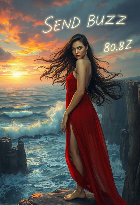 score_9, score_8_up, score_7_up, detailed masterpiece, (maxfield Parish style painting:0.9), 1woman, (((pale white skin:1.5))), 25 years old, tall slender redheaded, long wavy black  hair being blown in the stormy wind, medium full round breasts, no bra, wide hips, long toned legs, slender waist, woman standing on a large cliff overlooking the ocean ocean, stone cliffs overlooking the stormy ocean,  sunset, stormy sky’s, large windblown waves:0.8, colorful sunset sky, light rays, light particles, magical glowing writing in sky says “SEND BUZZ”,
looking at viewer, perfect pale white skin, cute face, Scandinavian features, big blue doe eyes, full pouty lips, swarthy, sultry, detailed black windblown hair, long flowing sheer red dress blowing in the wind, high leg slits, thighs, standing, dreamy light, perfect skin, dramatic lighting, front view,  dreamy blurred colorful background,