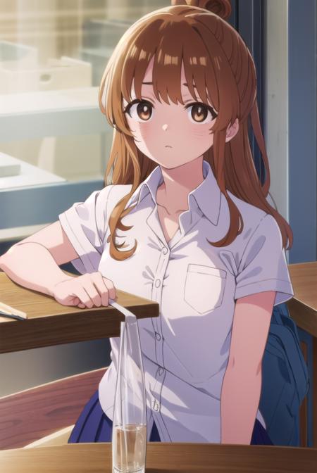 moekosekine, <lora:moeko sekine s1-lora-nochekaiser:1>,
moeko sekine, long hair, skirt, brown hair, (brown eyes:1.5), hair bun, single hair bun, sidelocks,
BREAK skirt, shirt, school uniform, white shirt, short sleeves, pleated skirt, collared shirt, blue skirt,
BREAK indoors, classroom,
BREAK looking at viewer, (cowboy shot:1.5),
BREAK <lyco:GoodHands-beta2:1>, (masterpiece:1.2), best quality, high resolution, unity 8k wallpaper, (illustration:0.8), (beautiful detailed eyes:1.6), extremely detailed face, perfect lighting, extremely detailed CG, (perfect hands, perfect anatomy),