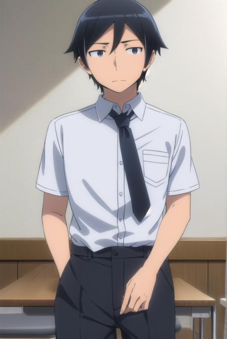 kyousukekousaka, <lora:kyousuke kousaka s2-lora-nochekaiser:1>,
kyousuke kousaka, black hair, male focus, (black eyes:1.5),
BREAK shirt, school uniform, white shirt, short sleeves, necktie, black necktie,
BREAK indoors, classroom,
BREAK looking at viewer, (cowboy shot:1.5),
BREAK <lyco:GoodHands-beta2:1>, (masterpiece:1.2), best quality, high resolution, unity 8k wallpaper, (illustration:0.8), (beautiful detailed eyes:1.6), extremely detailed face, perfect lighting, extremely detailed CG, (perfect hands, perfect anatomy),