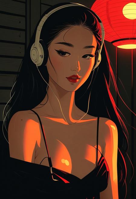 impactful paint of charming woman,have a foldable phone Japanese woman,retro anime style,long hair,moody night,shoulder off,hed set,wearing headphones,basking in strong sunlight,old hip hop style,
  <lora:The_Pulp_Session:0.8>,    highly detailed,   8k,   sharp,  professional, clear,   high contrast, high saturated, , vivid deep blacks, crystal clear