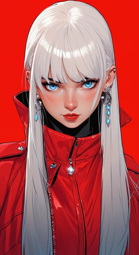 embedding:IllusP0s, embedding:Smooth_Quality, embedding:Stable_Yogis_PDXL_Positives,  1girl, solo, long hair, looking at viewer, bangs, simple background, jewelry, jacket, upper body, white hair, earrings, ice blue eyes, blunt bangs, piercing, ear piercing, red background, red jacket, high collar, red theme, Beleza_artstyle
 Realistic, high_quality, highres, beautiful, detailed, (masterpiece, best quality:1.2), absurdres, 8k, HDR, raytracing