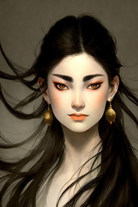 masterpiece, best quality, concept art, Impasto Paiting, a female, adult, (goosebumps:0.3), subsurface scattering, black eyes, Lying on the back, one leg bent, medium hair, looking back, style of zaodao,drawing,illustration