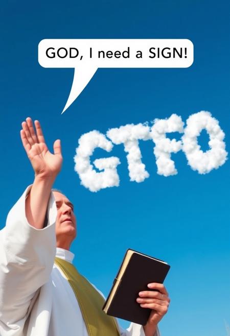 portrait of a priest holding a bible raising one hand to the sky and asking in a text bubble "GOD, I need a SIGN!". In the blue sky above the priest's head, white clouds write the letters  "GTFO" in a fluffy white font