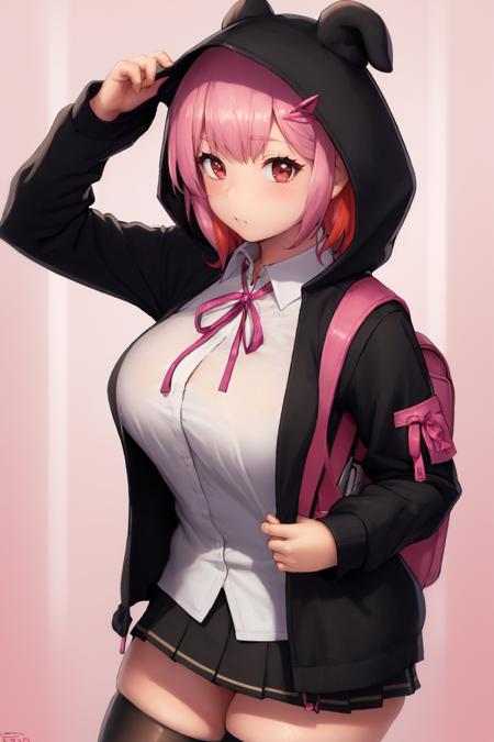 (masterpiece, best quality:1.2),  <lora:coffeeslice:.85>, coffeeslice, 1girl, thighhighs, skirt, breasts, flipped hair, medium hair, large breasts, shirt, pleated skirt, hood, bangs, pink ribbon, bag, ribbon, jacket, zettai ryouiki, white shirt, backpack, neck ribbon, holding, long sleeves, solo, brown hair, pink eyes, black thighhighs, collared shirt, shiny hair, dress shirt, open clothes, hair ornament, carrying, black jacket, brown eyes, miniskirt, black shirt, shiny, hoodie, open jacket, hood down, closed mouth, brown skirt, hooded jacket, silhouette, pink hair, solo focus, blunt bangs, multicolored background, standing