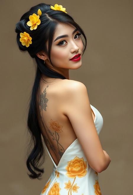 a gorgeous 25 years old asian woman, very pale skin, black very long hair in elegant updo with yellow lotus flower hairpins, long black eyelashes, black mascara, black eyeliner define her big beautiful dark green eyes, golden glittering eyeshadow, luscious sensual pink glossy lips, rouge, sexy curves, big breasts, very long elegant white dress with golden flower pattern, turns her head at viewer elegantly, back large tattoo with lotus flowers, hides her nudity by showing only the back
