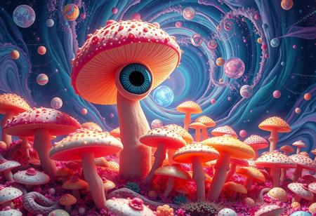 best quality, 4K,, 8k UHD, ultra-high resolution, ultra-high definition, highres, realistic, photorealistic, hyper realistic, highly intricate and detailed, absurd resolution BREAK, absurd res, 4K, fantasy, trippy, (psychedelic:1.5), (vibrant:1.5), bad acid trip, fever dream, swirling vortex, galaxy, nebula, pastel rainbow-colored theme, mushrooms, magic mushrooms, multi-colored mushroom, mushrooms of all shapes and sizes, spotted mushroom, luminance, (luminescent mushrooms:1.3), iridescence, opalescence, points of light, rays of light, (cyclops mushroom, one huge eye, incredibly detailed eye:1.5) madness,