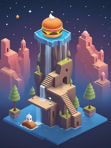 video game monument valley style, A giant burger on the roof, stairs, water, cloud, trees, waterfall, gradient background, Night, starry sky, <lora:Monument Valley style:0.75>