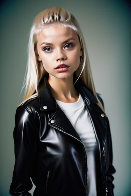 eighteen year old girl wearing a black leather jacket and black zip up sweater, realistic, analog photo, masterpiece, trending on artstation,