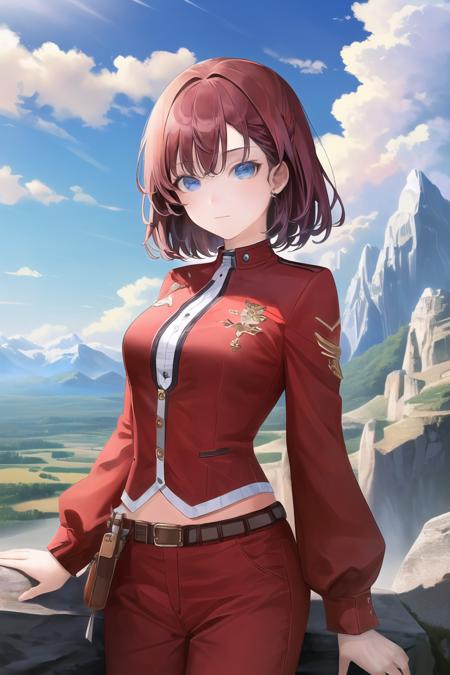 (high quality, high resolution:1.3), 4k, masterpiece, mountain, rocky peaks, dense forests, majestic ,  <lora:siki_Style-10:1>, 
BREAK 
1girl, solo, Midnight Blue eyes, Burgundy hair , French bob,   bashful  , pants ,  standing, looking at viewer, upper body, cowboy shot, <lora:GoodHands-beta2:1.0><lora:GoodHands-beta2:1.0>