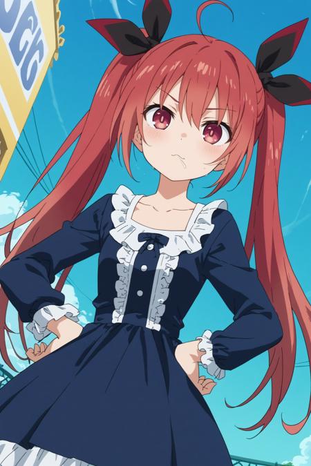 1girl,solo,kotori itsuka,long hair,school uniform,twintails,smile,hair ribbon,ahoge,black necktie kotori itsuka, astral dress, long hair, red eyes, ribbon, bare shoulders, red hair, japanese clothes, horns, choker, kimono ribbon, hair ribbon, skirt, shirt, thighhighs, school uniform, jacket, white shirt, necktie, belt, black thighhighs, zettai ryouiki, red skirt, jacket on shoulders, red jacket, long sleeves, white sleeves