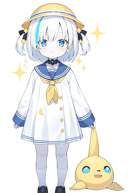 TB, 1girl, solo, bangs, white hair, streaked hair,  colored skin,  blue eyes, puffy long sleeves,pleated skirt, thighhighs,shoulder cutout, indoors, white dress, two side up,sparkle,