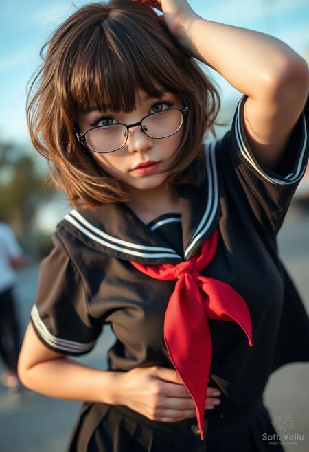 (Soft Lighting Photography by Mimoza Veliu and Mario Giacomelli:1.2), NSFW, 1girl, solo, glasses, school uniform, brown hair, serafuku, skirt, brown eyes, outdoors, looking at viewer, neckerchief, pleated skirt, black serafuku, black skirt, parted lips, red neckerchief, day, short hair, cowboy shot, wavy hair, sailor collar, short sleeves, standing, shirt, sky, black sailor collar, 
beautiful face, sexy, dynamic poses,