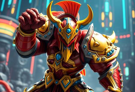 epic details An epic, dynamic pose of Gladiator Beast Tygerius, clad in iconic red and gold Metalsilver Armor with vibrant blue and yellow accents. Menacing yellow head, red mask. Against a futuristic, pulsing Appliancer Electrilyrical World background. Cinematic lighting, isometric view, intense detail, Octane Render, Unreal Engine 5, Splash Ink illustration elements. 4K, trending on Artstation, CGSociety, Golden Ratio composition.
