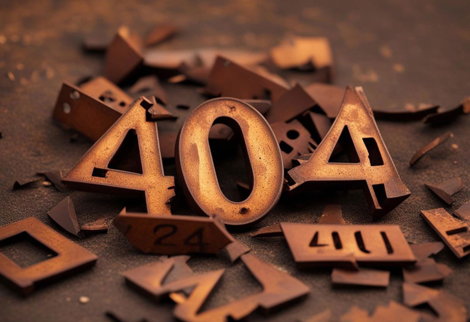 Old red and brown metal letter pieces forming the word "404" and "error" on a table.