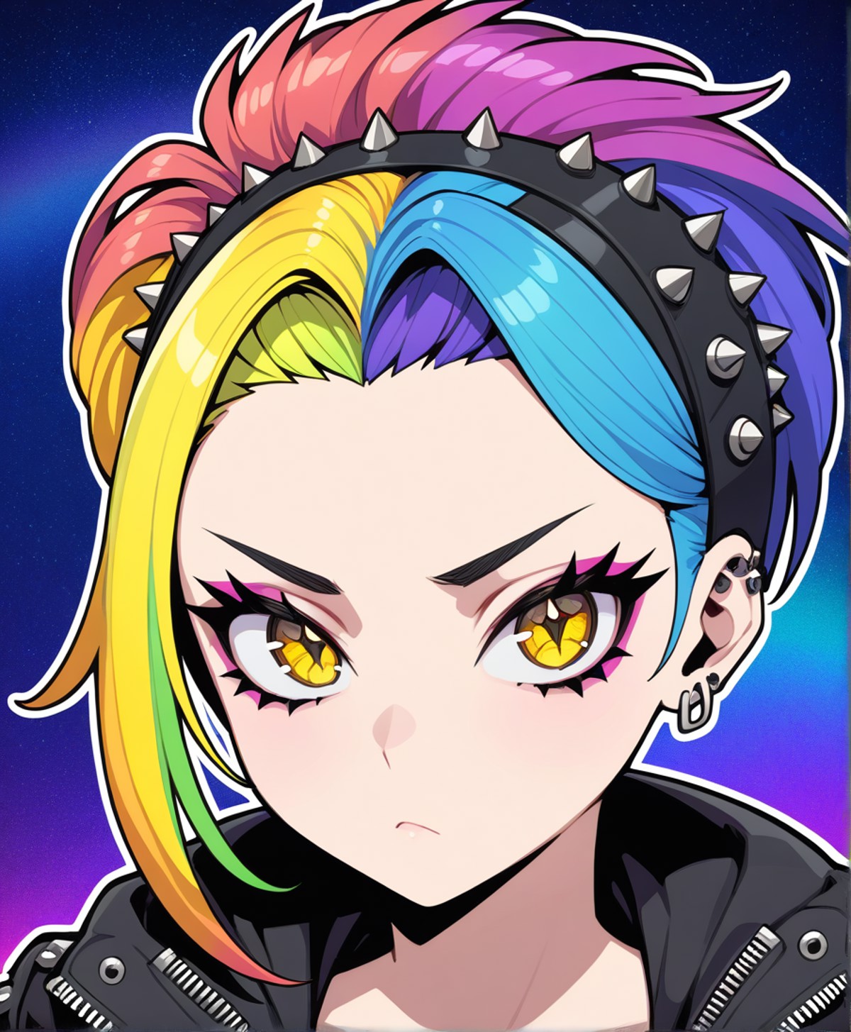 masterpiece, best quality, hires, bold, rainbow hair, yellow eyes, 1girl, solo, cool, bold, punk, portrait, thick outlines...