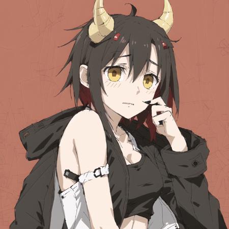 <lora:avas_jun_07-03--tsukumizu_yuu_005-095--ham_rifl_09-01:1>, 

1girl, bare shoulders, black coat, black hair, claw ring, coat, crop top, cross, eyebrows visible through hair, hair between eyes, hand on own cheek, hand on own face, horns, iron cross, looking at viewer, mechanical horns, multicolored hair, rakuhinata, red background, red horns, short hair, solo, streaked hair, two-tone hair, upper body, white hair, yellow eyes