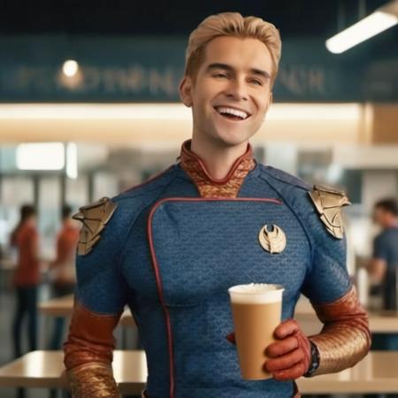 cinematic photo masterpiece, 8k wallpaper, best quality, photo realistic, realistic, HomeLander, <lora:HomeLander>,  smile, closed mouth, holding cup of milk, drinking, standing, (cafeteria at the background,), . 35mm photograph, film, bokeh, professional, 4k, highly detailed