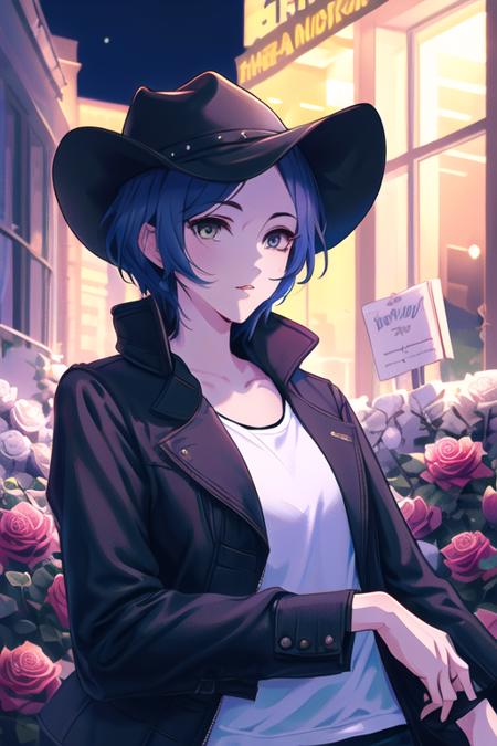 (best quality, high definition, masterpiece:1.2,), Illustration, night, 1girl, upper body, cowboy hat,black jacket,rose<lora:kanadeV6:1>