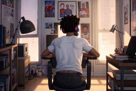 <lora:Spiderverse:0.8> Spiderverse Style, 1boy, black hair, book, chair, dark skin, dark-skinned male, dreadlocks, from behind, headphones, holding, indoors, male focus, poster (object), shirt, sitting, solo, t-shirt, white shirt