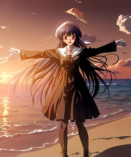 ((masterpiece)),(best quality),1girl,Amamiya Yuko,Otowa uniform,scenery,sky,cloud,seaside,sunset,backlighting,full body,detailed lighting,detailed face,<lora:amamiya_yuko_otowa_v1.0:0.9>,looking at viewer,extremely detailed,open arms,[[laughing]],stand on sand,pantyhose,smile,boots,white gloves,