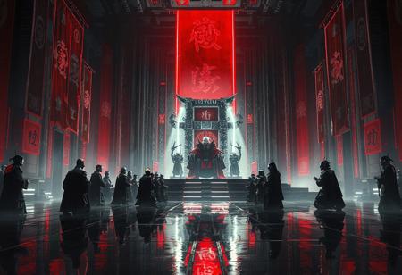 Sketch of TONTON REVOLVER - ArtStation. A line of powerful envoys, augmented nobles, and masked corporate lords kneel in silence before the towering Cyber Shogun seated on his glowing throne.
The throne room pulses with deep red and cold white neon, casting long shadows over the polished obsidian floor.
AI-controlled banners ripple with animated imperial glyphs.
The Shogun, emotionless and supreme, watches from above — flanked by twin sentry drones and armored retainers.
The atmosphere is ceremonial, terrifying, elegant: cyberpunk feudalism meets hypermodern statecraft.
Ultra-detailed, cinematic lighting, high-tech royalty, cyberpunk Japan, intense contrast, sharp reflections, futuristic luxury, 8K realism.