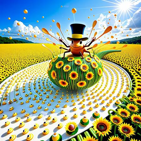 (masterpiece), (best quality), (absurdres), (sharp surrealist illustration), BREAK
(an enormous centipede made of sunflowers), (each segment a blooming sunflower head), (legs made of twisting vines), (antennae waving like wheat stalks), BREAK
(wearing a top hat made of bark and pollen), (blowing bubbles shaped like bees), (tiny musical frogs riding on its back with ukuleles), BREAK
(marching through a melted teacup landscape), (giant floating spoons in the sky), (rainclouds made of spaghetti), (sunlight shaped like bananas), BREAK
(colorful confetti pollen raining from above), (tiny marching snails waving flags), (bizarre joyful chaos), (psychedelic carnival vibe), (dream logic composition)