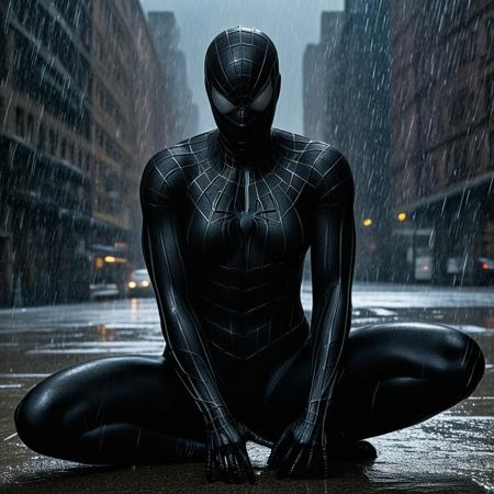 score_9, score_8_up, score_7_up, best quality, realistic, masterpiece, beautiful detail, hyperrealistic, rainy scenery, ((1girl, woman body, big breasts)), amazing detailed full body of a beautiful japanese girl, wears black spider man mask, wearing a realistic and highly detailed black raimi spider-man suit, ((huge muscular girl)), professional model wears ultra - detailed black raimi spider - man suit, ultra - detailed and grained black raimi spiderman suit, suit covered entire body and hand, black spiderman gloves, wet, (spread leg, sit), (full body), (dirty skin), close up, octane render, highly detailed, volumetric, dramatic lighting, (highest quality:1.1), (HDR:1.3), (top quality, best quality), realistic, high definition,