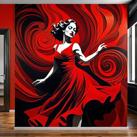 A surreal, artistic scene where a flamenco dancer in a vibrant red dress is performing in front of a large mural of a woman's face. The woman's face, painted on an old, textured wall, is monochromatic, while the dancer's red dress blends seamlessly with the mural, appearing as if the dress and mural are one. The dancer's dress flows and swirls dramatically, creating a sense of motion that complements the static but powerful expression of the mural. The wooden floor and the weathered wall add a rustic, artistic atmosphere to the scene, creating a blend of reality and art.