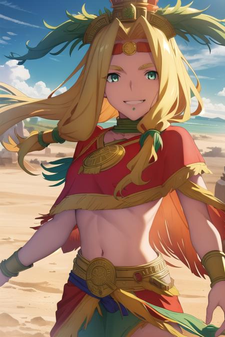 quetzalcoatl, <lora:quetzalcoatl babylonia-lora-nochekaiser:1>,
quetzalcoatl, long hair, blonde hair, (green eyes:1.5), low-tied long hair, smile, grin, teeth, fangs,
BREAK skirt, navel, jewelry, midriff, red skirt, headdress, bracer, poncho, red poncho,
BREAK outdoors, desert, oasis, sun, clouds,
BREAK looking at viewer, (cowboy shot:1.5),
BREAK <lyco:GoodHands-beta2:1>, (masterpiece:1.2), best quality, high resolution, unity 8k wallpaper, (illustration:0.8), (beautiful detailed eyes:1.6), extremely detailed face, perfect lighting, extremely detailed CG, (perfect hands, perfect anatomy),