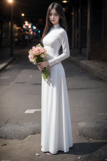 1girl, aodai, photo art, (flower:1.2),<lora:aodai_SD_chiasedamme_v02:0.7>, a stunning photo with beautiful saturation, ultra high res,(realistic:1.4)),deep shadow,(best quality, masterpiece), pale skin, dimly lit, shade, flustered, blush, highly detailed, skinny, BREAK depth of field, film grain, wrinkled skin, looking at viewer, knee, warm smile, (full body:1.2), masterpiece,ultra realistic,32k,extremely detailed CG unity 8k wallpaper, best quality